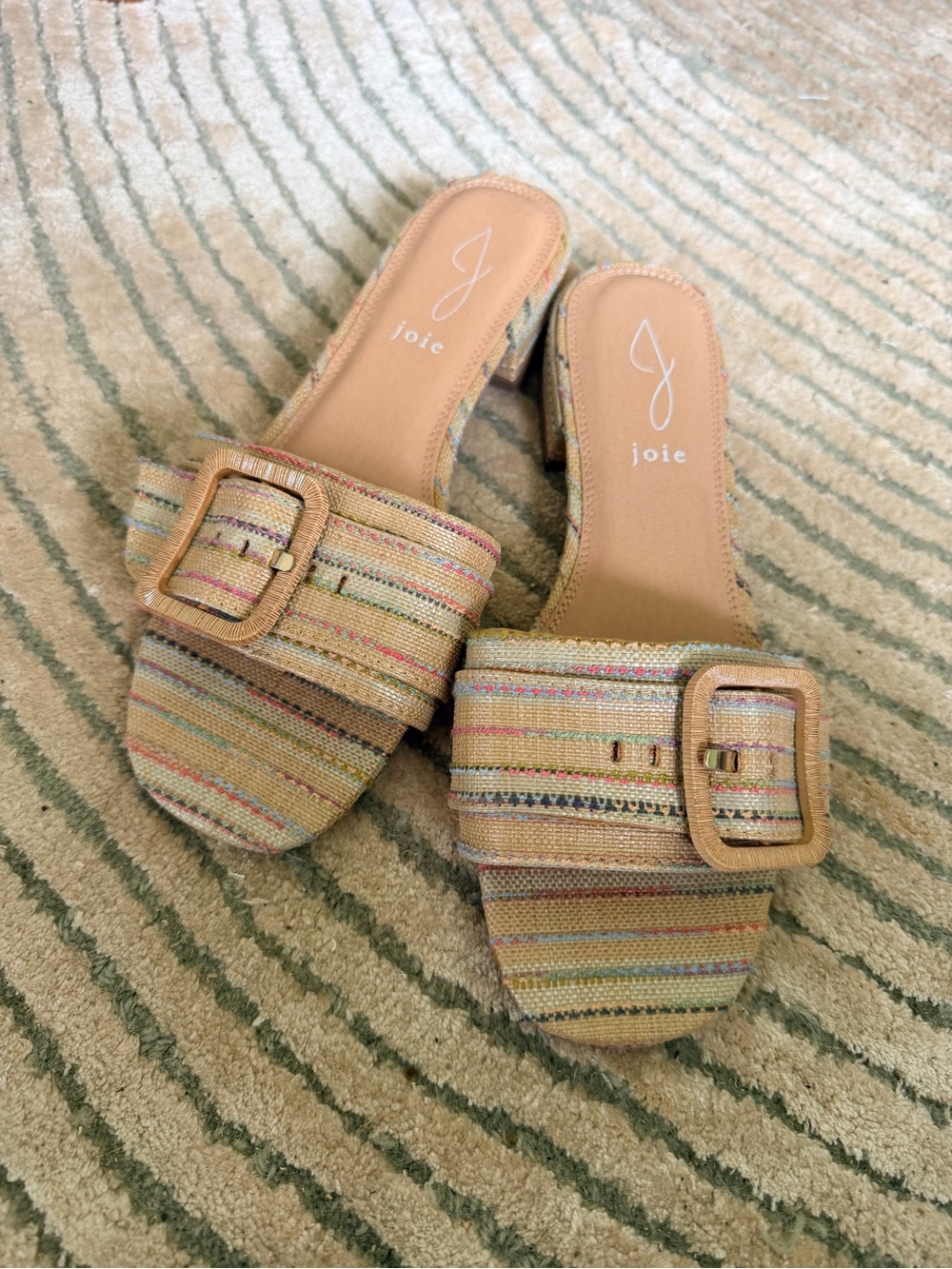 Joie Beige Multicolor Striped Slide Mules with Buckle Detail